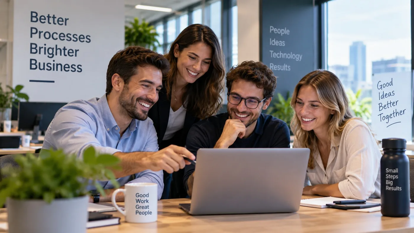 Business team collaborating around a computer
